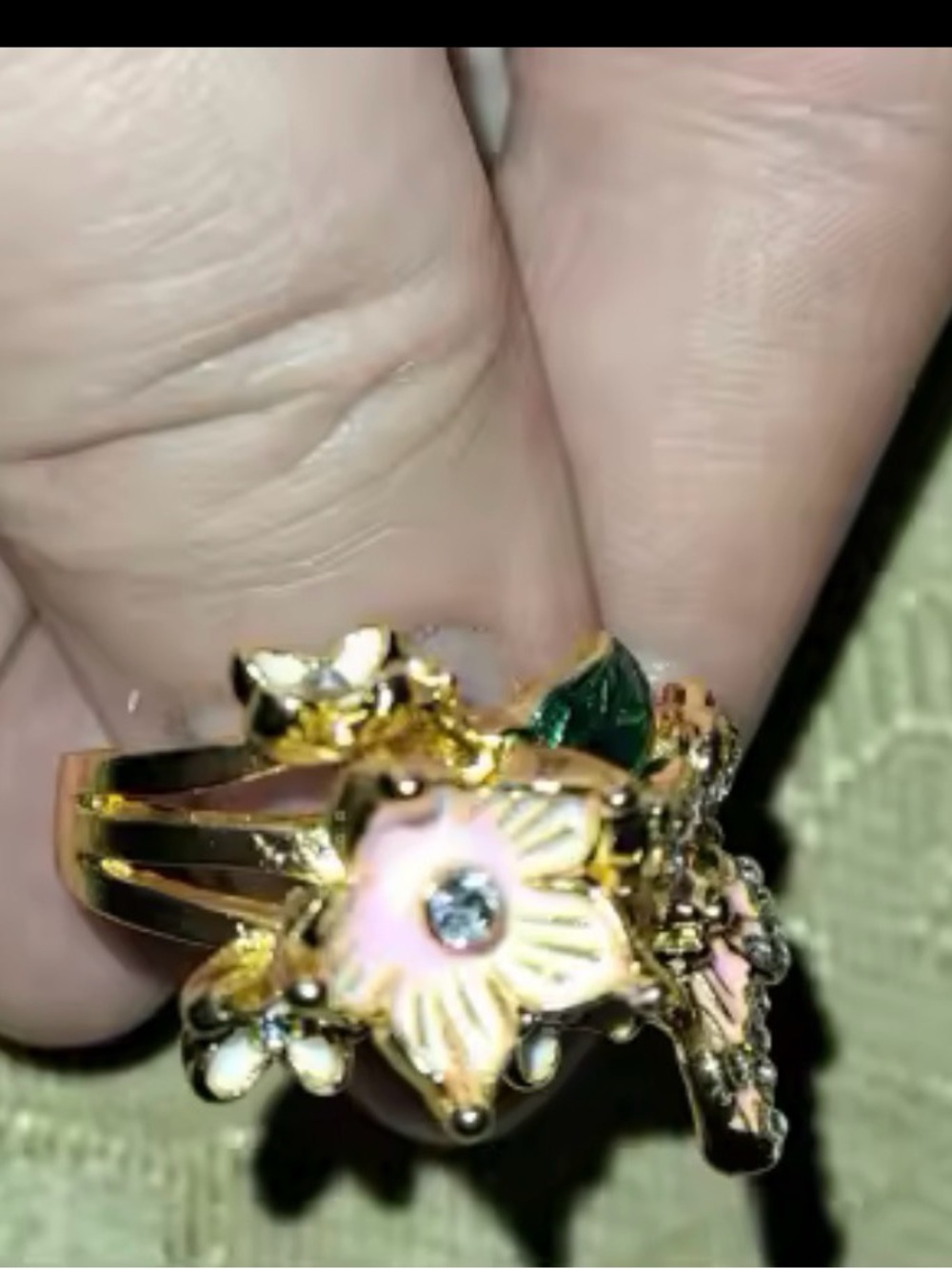 Gold Floral Pink and Green Enamel Ring